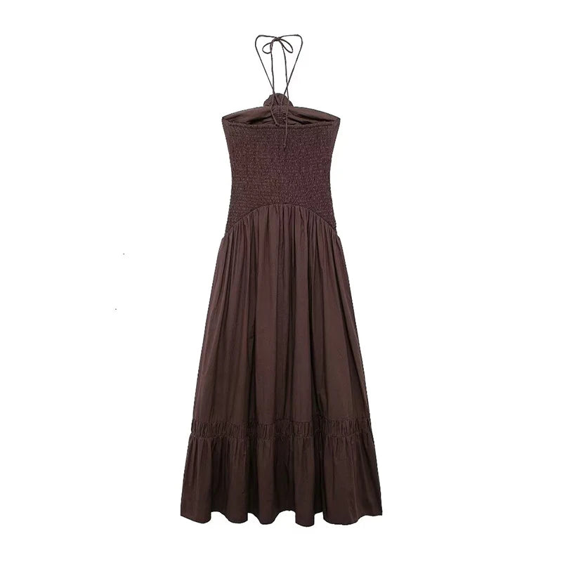 Elegant 3D Flower Long Dress Women Halter Backless Pleated Female Pary Dresses 2024 Fashion Street Sleeveless Solid Lady Robes