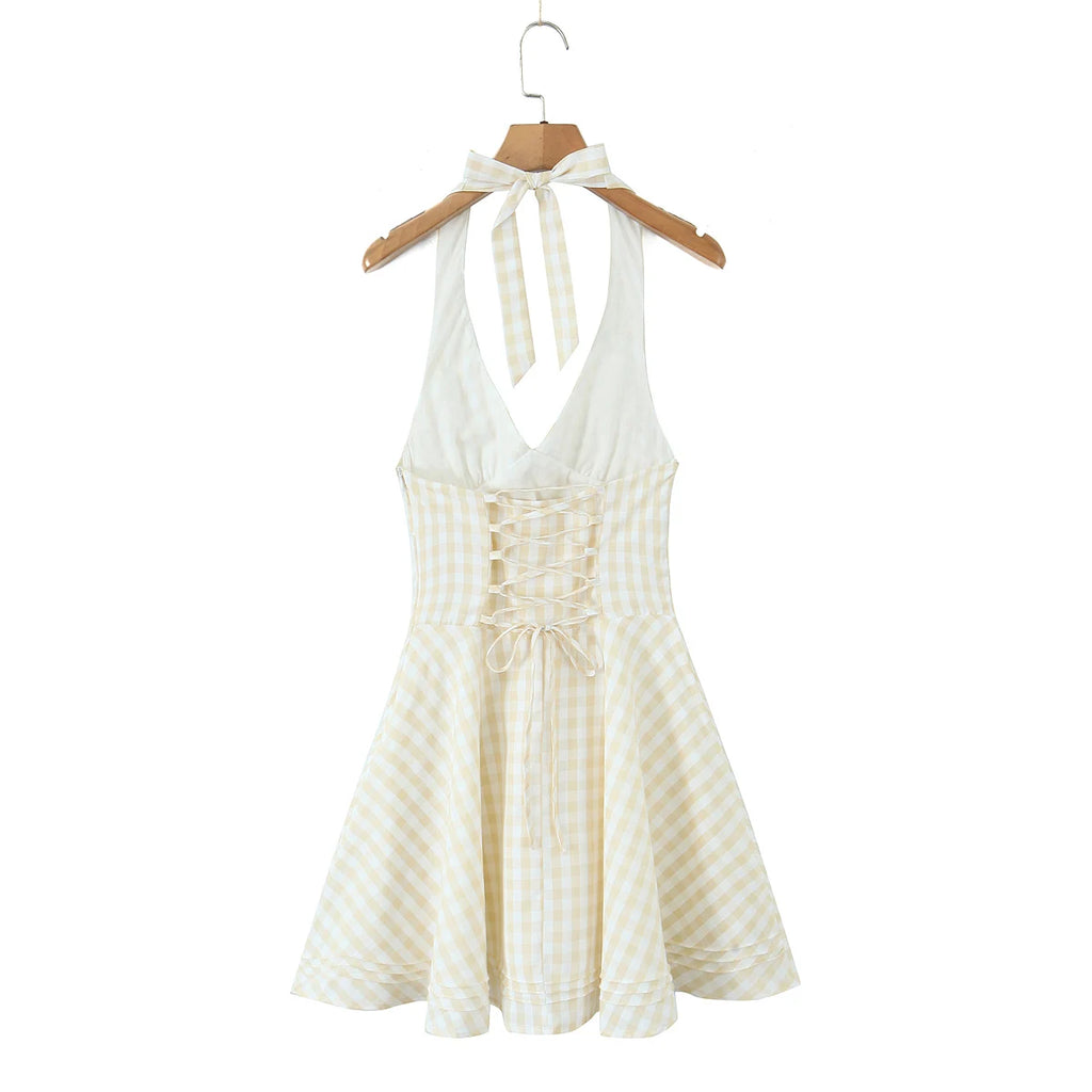 2025 Sexy Plaid Corset Style Bow Halter Sling Dress Women Lacing Up Bandage Back Slim Waist Mini Ball Gown Swing Dresses Robe