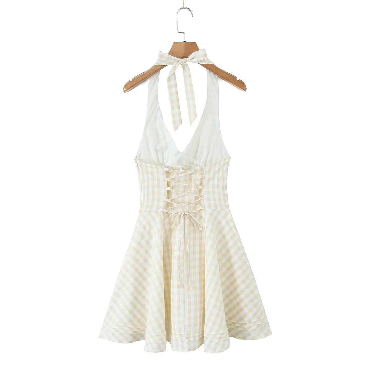 2025 Sexy Plaid Corset Style Bow Halter Sling Dress Women Lacing Up Bandage Back Slim Waist Mini Ball Gown Swing Dresses Robe