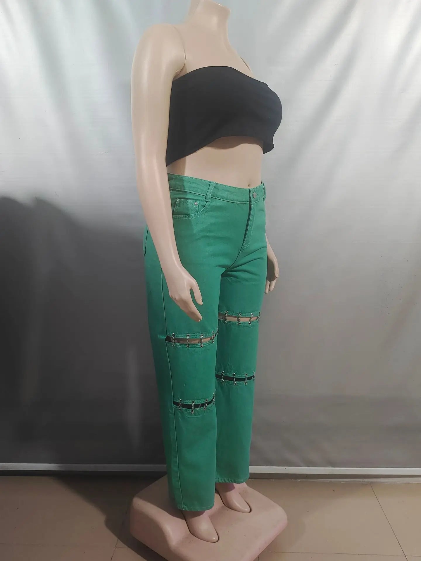 High Waist Green Ripped Chain Decoration Patchwork Wide Leg Denim Pants Women Fashion Casual Personality Trendy Long Trousers