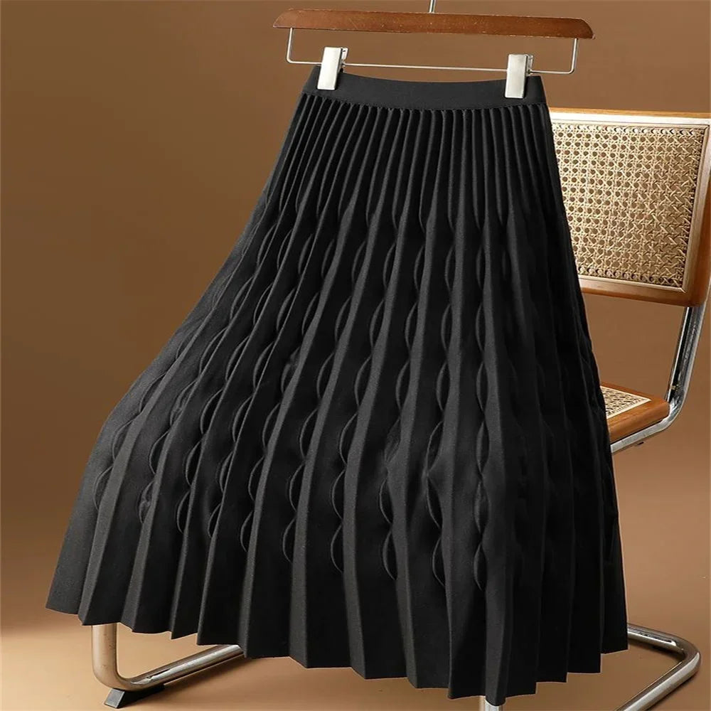 2024 korean fashion Autumn Winter New Women's Solid Colors High Waist Loose Elastic Pleated A-Line Black Skirt women clothing
