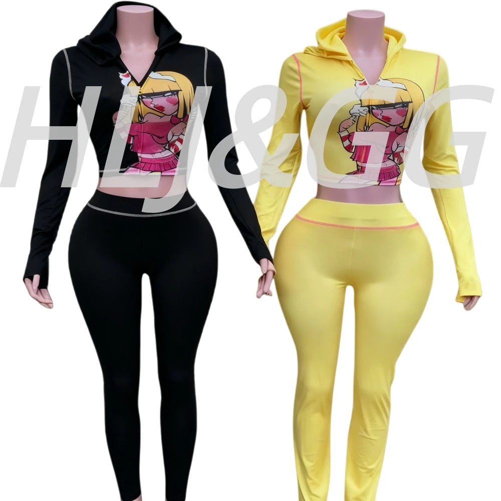 HLJ Y2K Trend Fashion Pattern Print Hooded Two Piece Sets Women Zip Long Sleeve Slim Crop Top + Skinny Pants Outfits Streetwear