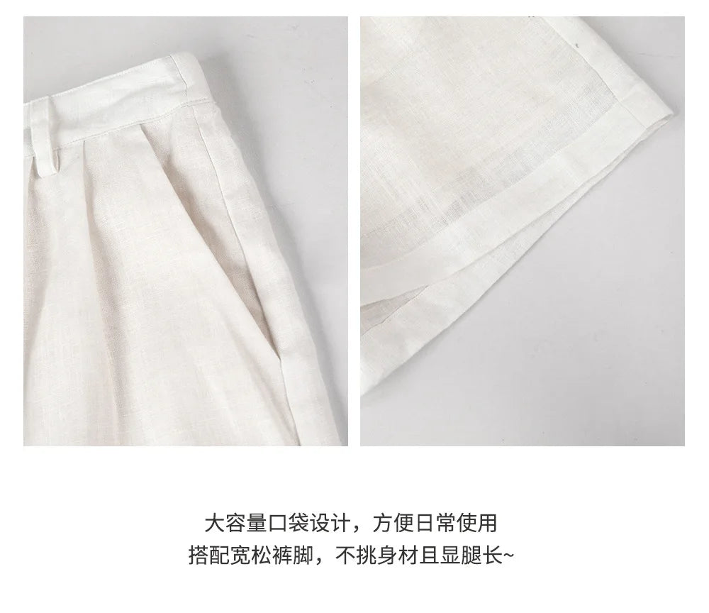 Retro 100% Linen Short Pants Women High Wasit Casual Harajuku Fashion Streetwear White Color Summer Office Lady Female Shorts