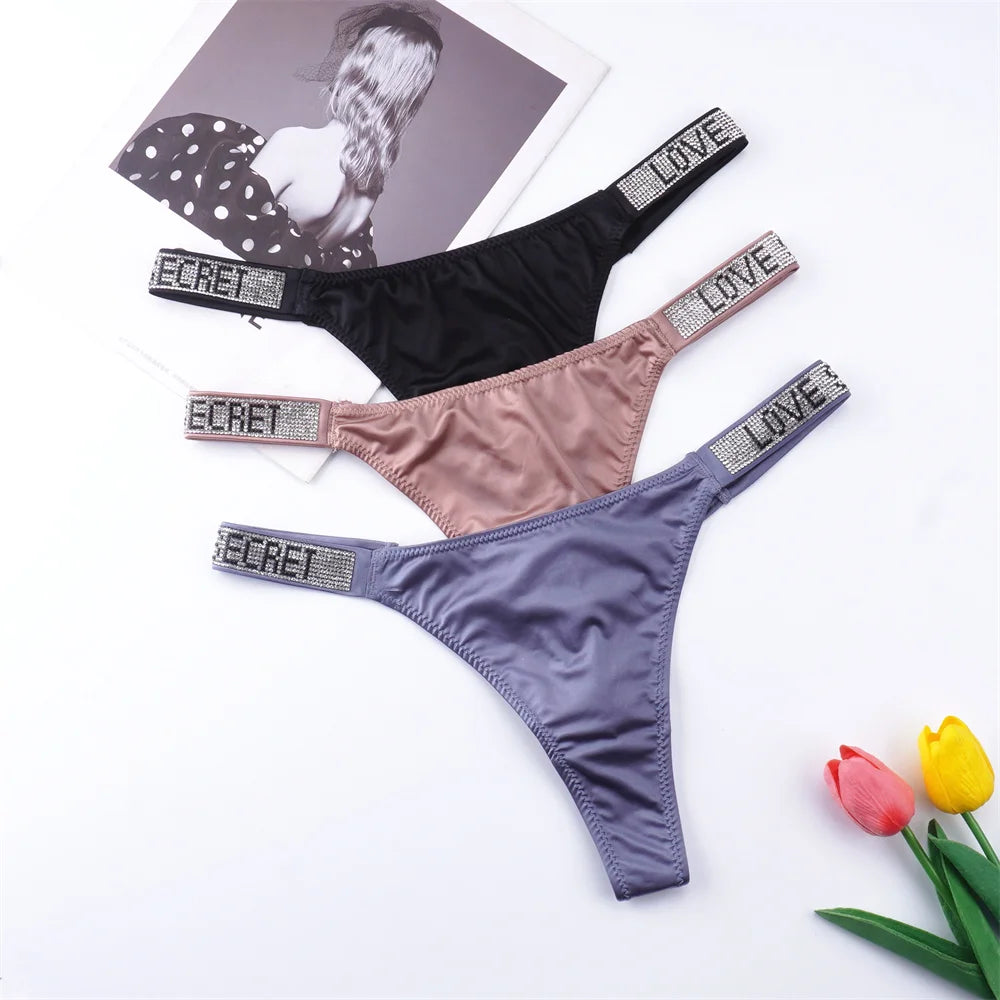 3PCS Sexy Low Waist Rhinestone Waistband Smooth Silk Thong Women Invisible G-string Plus Size S-XL Seamless Lingerie