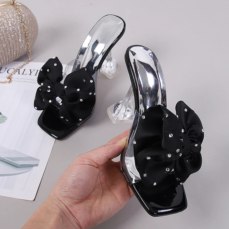 2025 New Fashion Crystal Bow High Heels Slippers Shoes Woman Sexy PVC Transparent Sandals Women Slides Open Toe Pumps Blue Black