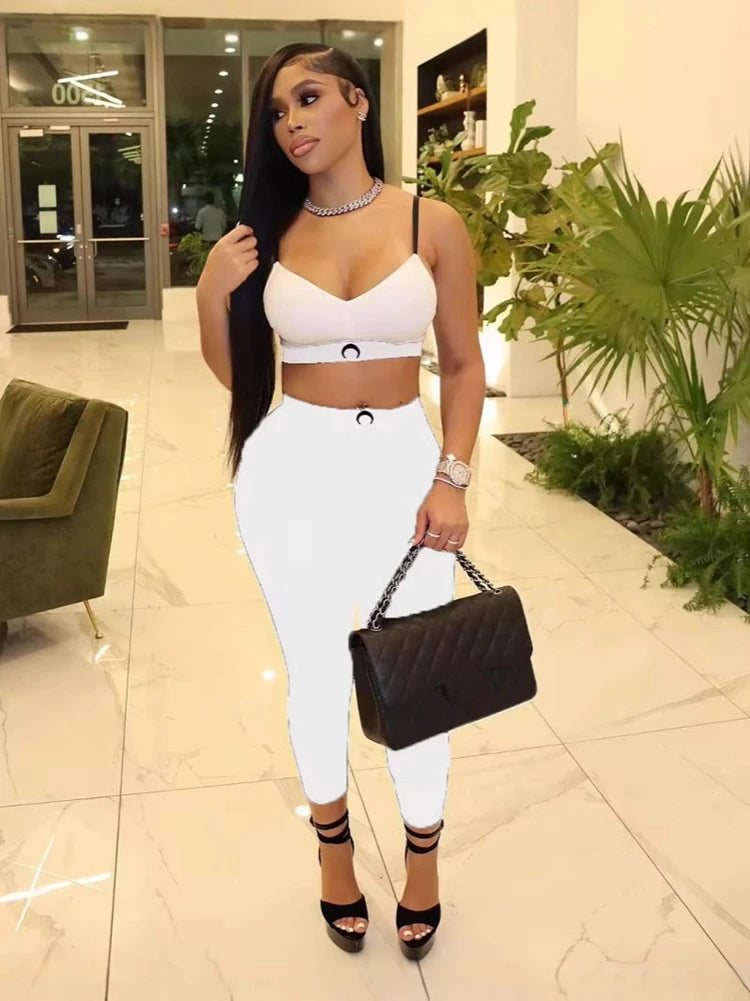 Sexy Two Piece Set Women Moon Tank Top Pants Ins High Street Summer Black Versatile Waist Slim Fit Outfit