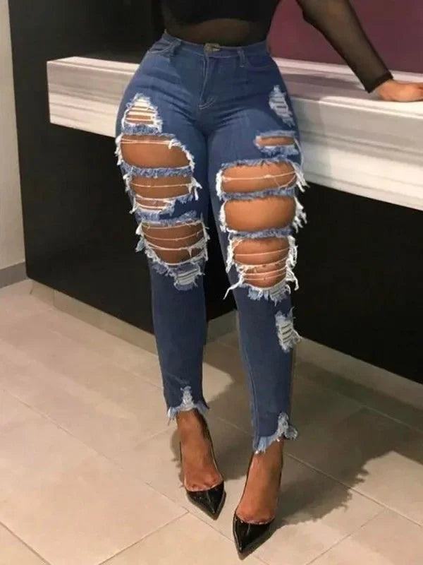 Hole Jeans Women Denim Pencil Pants Streetwear Washed Skinny Stretch High Waist Distressed Ripped Ankle Length Trousers 2025