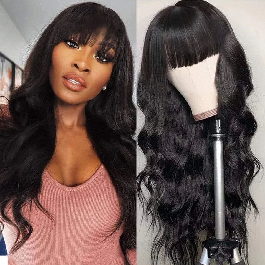 Wear Go Glueless Loose Body Wave Human Hair Wig With Bangs Full Machine Made With Bangs Brazilian Body Wave Wig Cheap On Sale