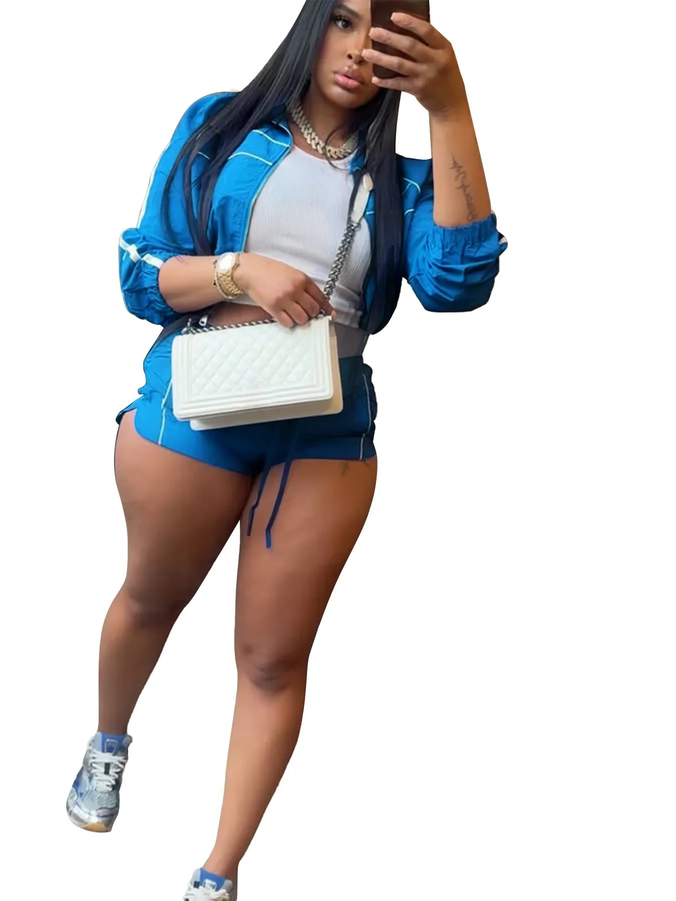 BWQ Women's Set Long Sleeve Jacket + Shorts Suit 2025 Summer Streetwear Active Slim Sporty Two 2 Piece Set Outfit Tracksuit