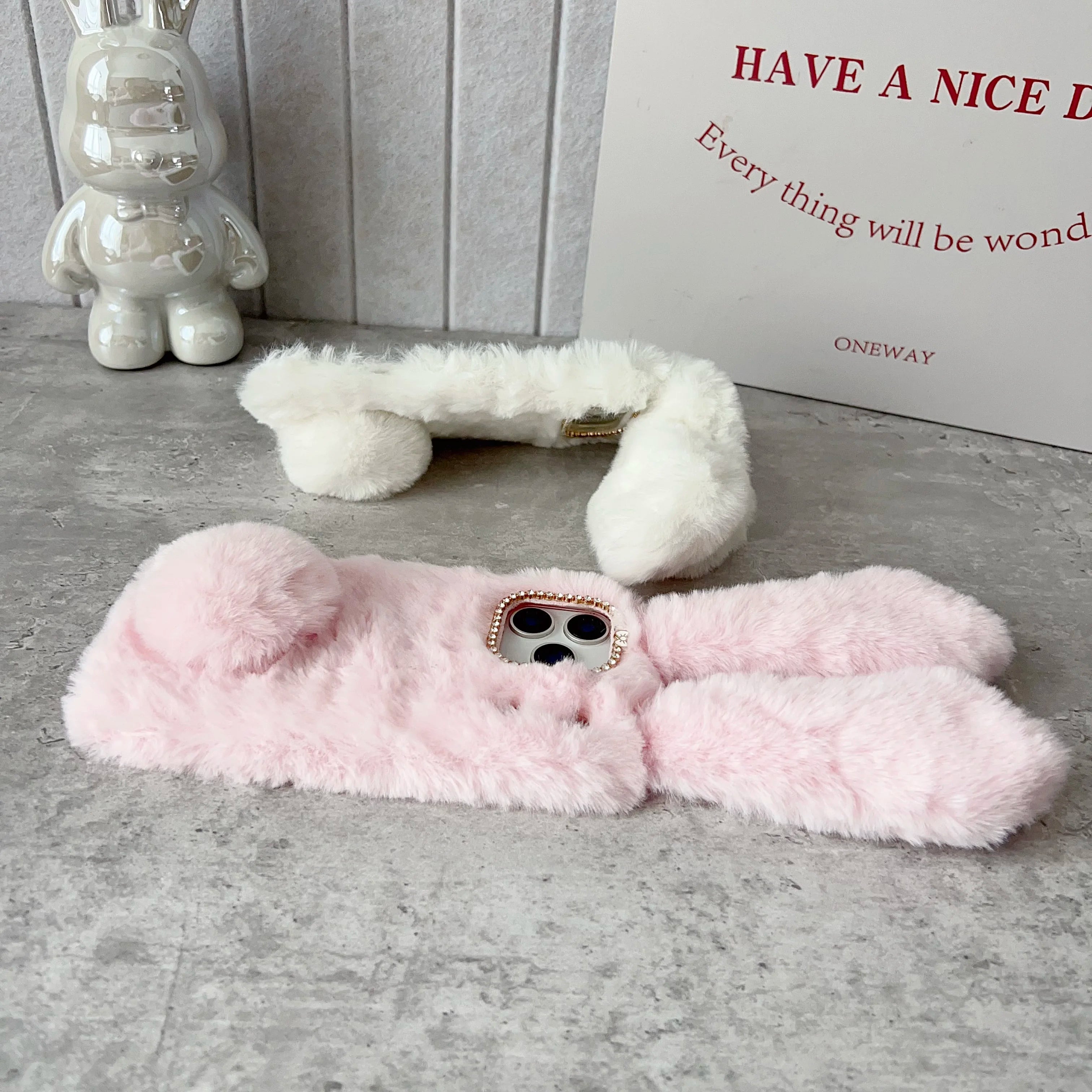 3D Cute Rabbit Ears Fur Plush Phone Case For iPhone 17 Pro Max 16 15 14 13 12 11Pro max Plus mini 17Air Furry Bunny Warm Cover