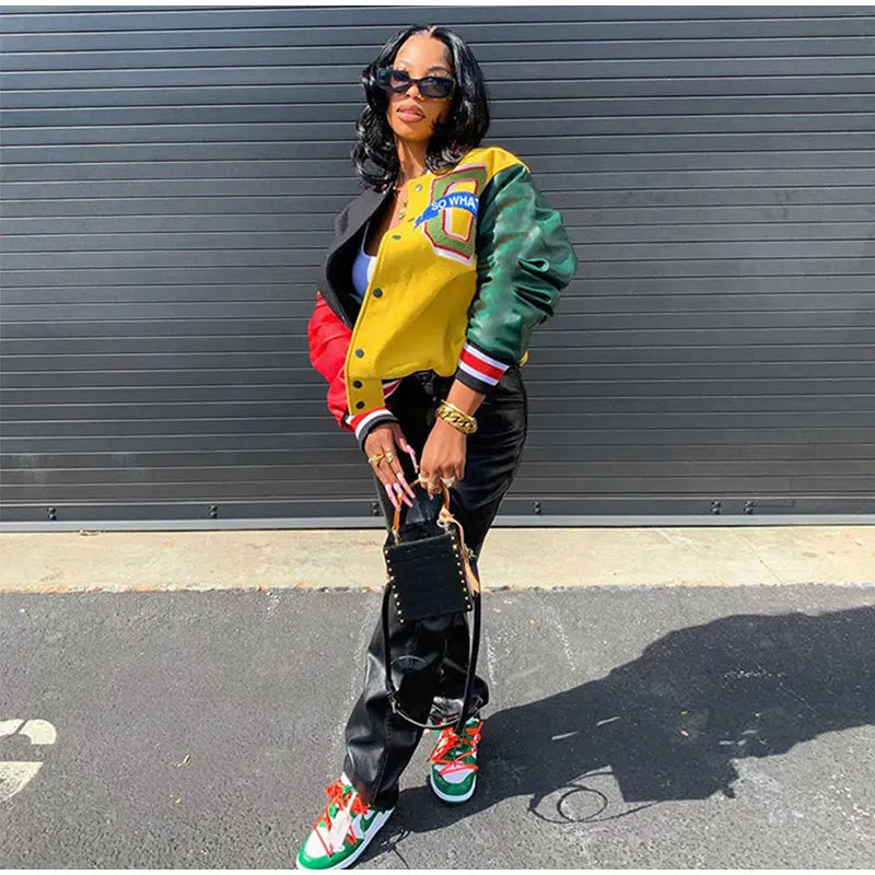 Women Patchwork Contrast Color Letter Embroidery Jackets 2025 Fashion Single Breasted Coat Female Full Sleeve Streetwear XS-4XL