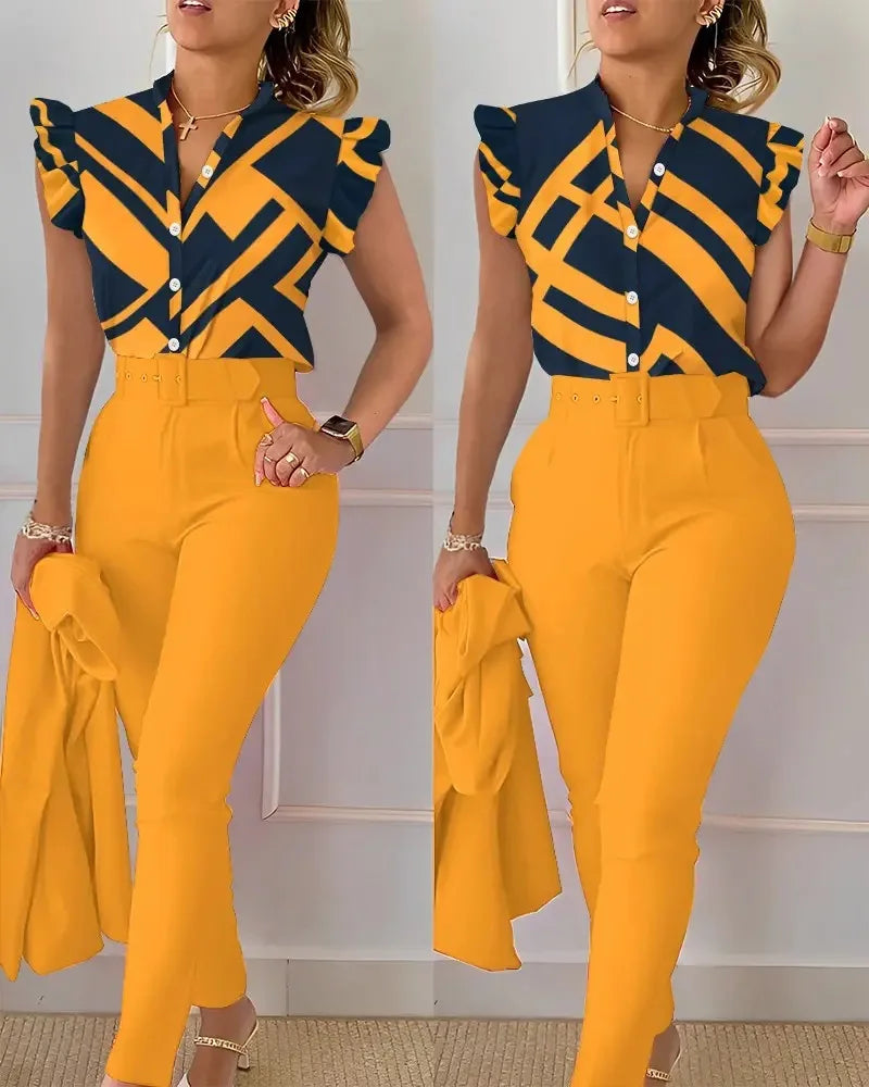 Spring Summer Women's New Printed Lotus Leaf Sleeveless Shirt Suit Elegant Slim Femal Office  Long Pants Belt Two Piece Set 2025