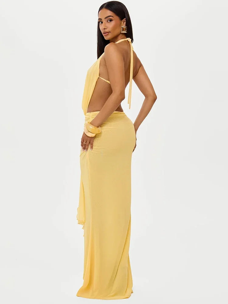 Sexy Dress Set Women Halter Crop Top And Maxi Skirt Matching Sets Female Elegant Beach Club Party Skirt Two Piece Set