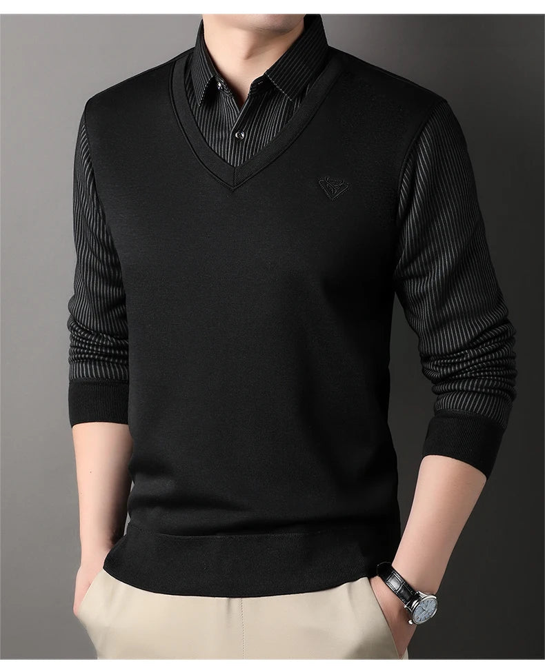 New Autumn Men's Polo Collar Shirts Fashion Knitting Pullovers Striped Thick Polo Shirts Slim Fit Korean Mens Top Clothes