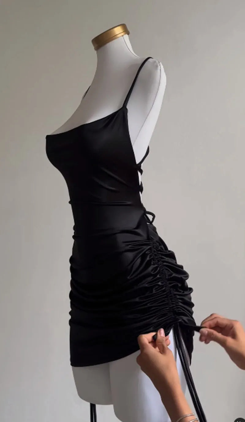 Y2K Sleelveless Backless Mini Dress Women Summer 2025 Europe America Lace Up Bodycon Dresses High Street Party Club Black Dress