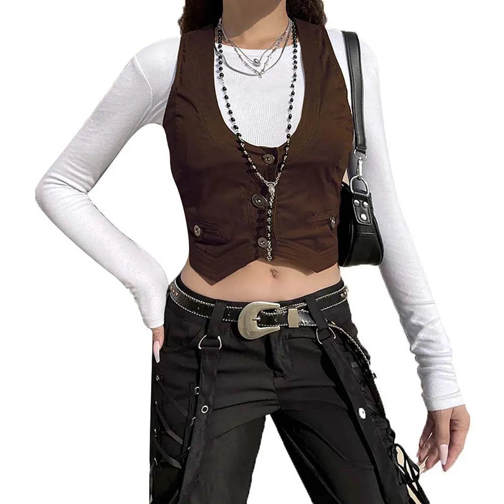 Sleeveless Women Waistcoat Cropped Tops Suit Vest Buttons Breasted Vest Jacket Dressy Waistcoat Punk Style Corsetier