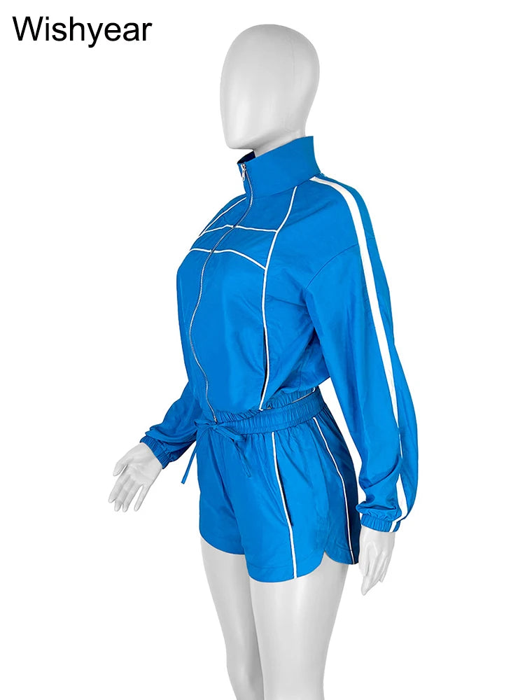 Fashion Tracksuit Stripe Women 2 Piece Set Lapel Sweatshirt Zip Jacket and Drawstring Shorts Suit Summer Sports Streetwear y2k