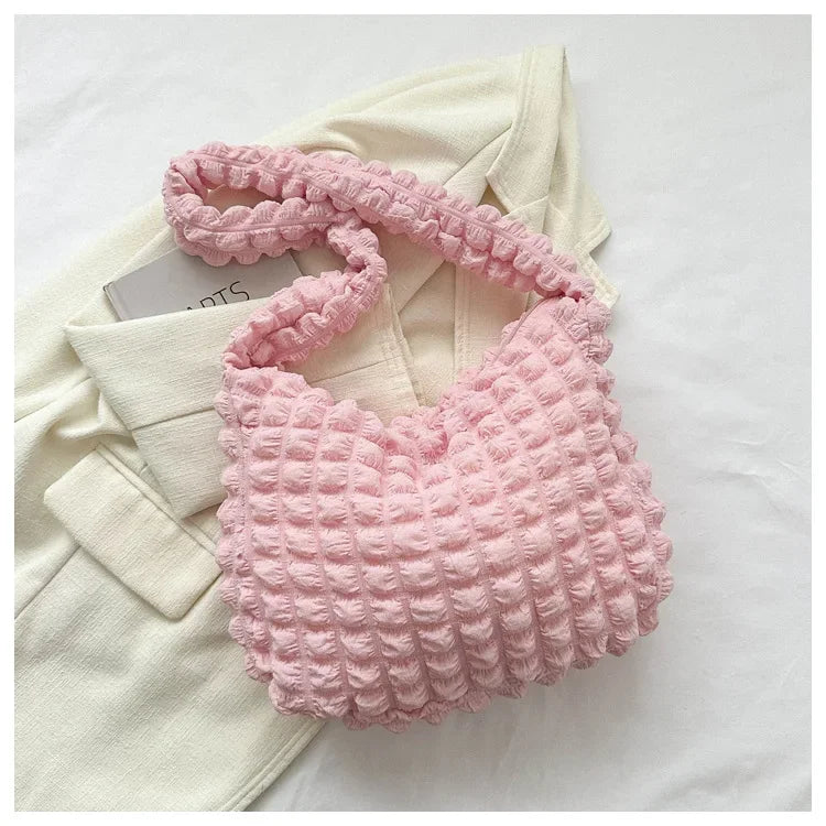 Fashion Pleated Design Shoulder Bag Cute Pleated Bubbles Solid Color Tote Bag Large Capacity Embroidered Satchel Bags Women