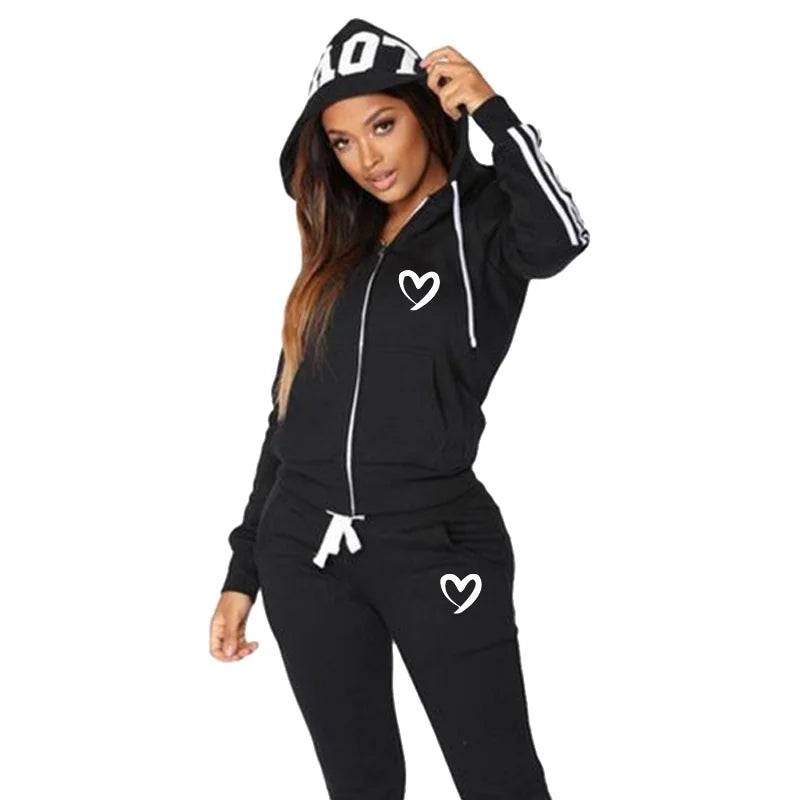 Fashion Women Hooded Jacket Tracksuit Casual Zipper Hoodies and Trousers Sports Wear Two Piece Suits
