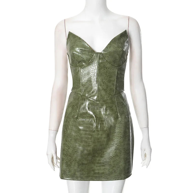 Nsauye New Elegant Sexy Fashion Leather Strapless Women Dress Night Club Evening Party Short Bodycon High Waisted Dress 2025