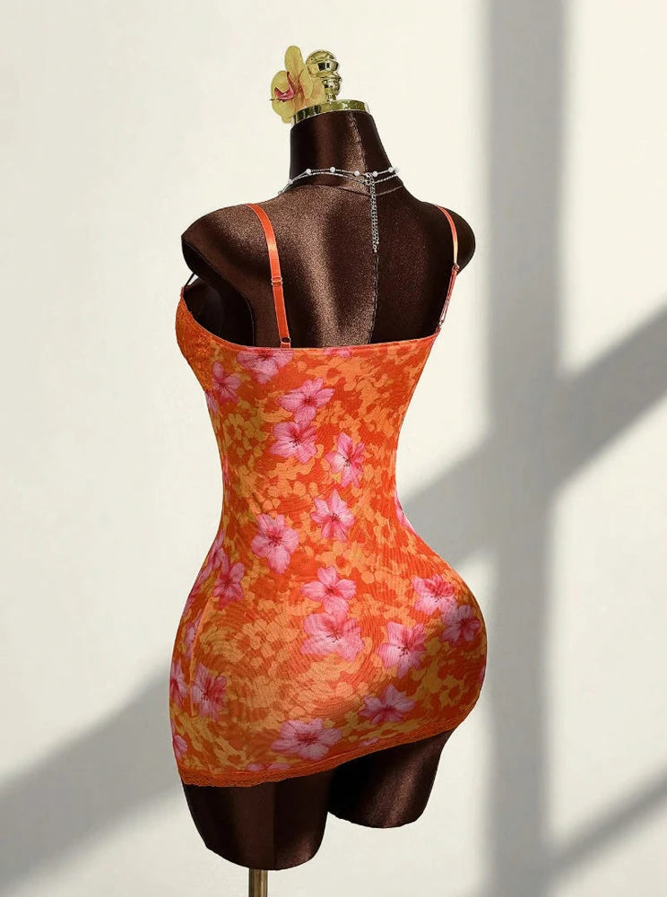 New 2026 Women's Floral Print Dress Street Sexy Lace Trim Spaghetti Strap Backless Bodycon Mini Dresses Birthday Party Clubwear