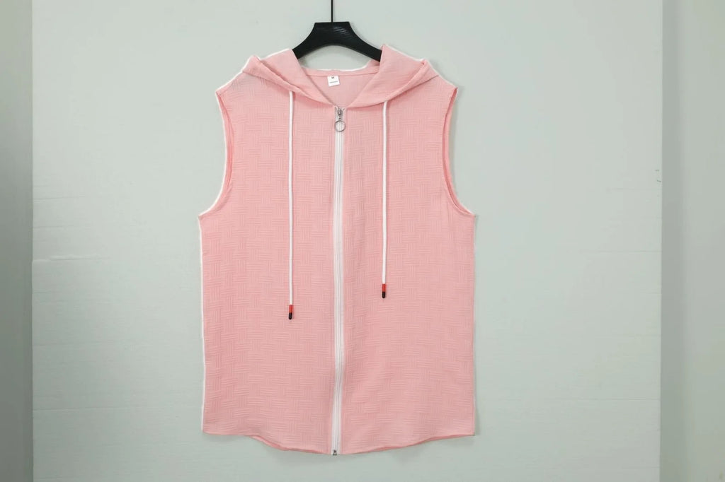 Summer new fashion set for men: hooded, zippered T-shirt, jacquard checkered sleeveless vest, shorts, sporty and comfortable set