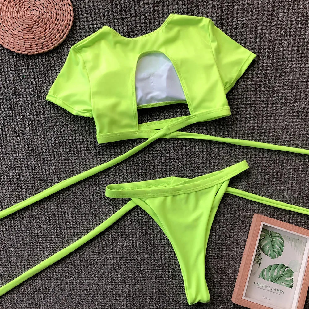 2 Pieces Bikini Women Sexy Swimwear Swimsuit Hollow Short Sleeve High Waist Solid Bikinis Set Beach Bathing Suit Banadores Mujer