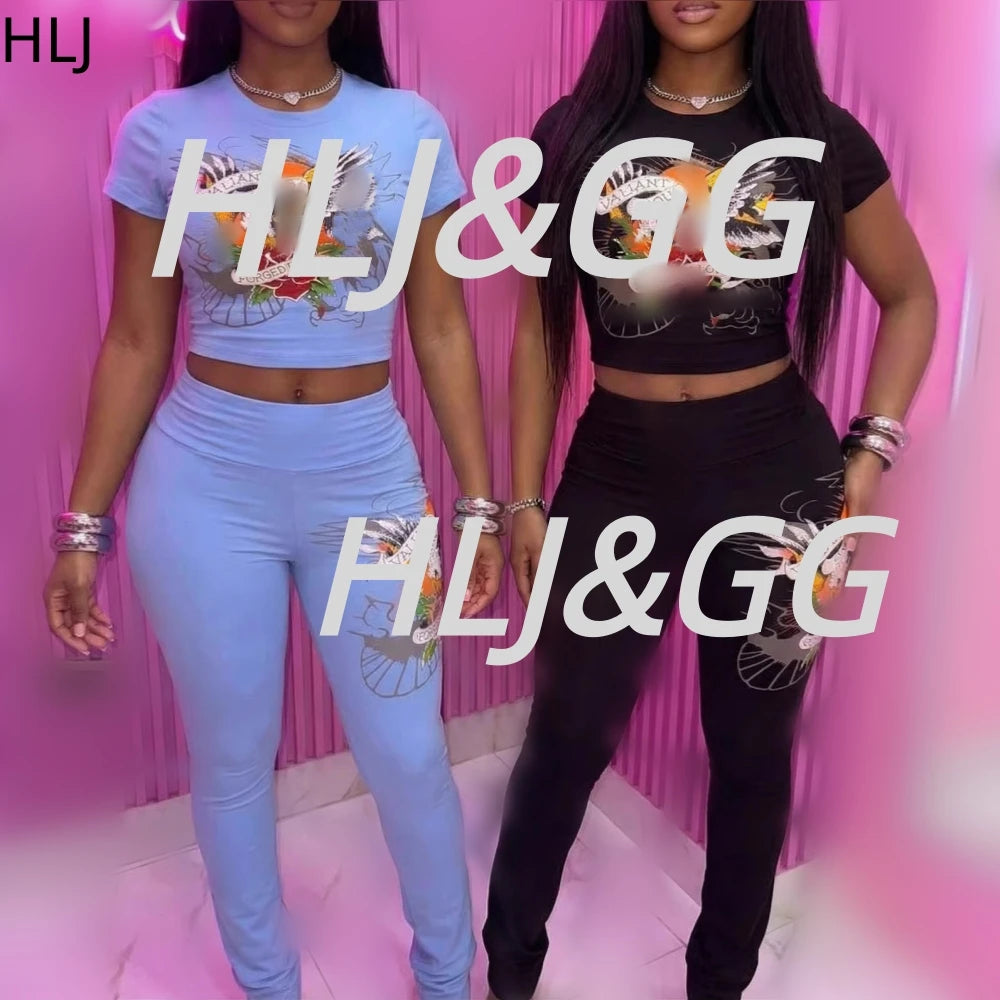 HLJ Fashion Vintage Pattern Print Two Piece Sets Women O Neck Slim Crop Top And Skinny Pants Outfits Y2K Lady 2pcs Steetwear BR