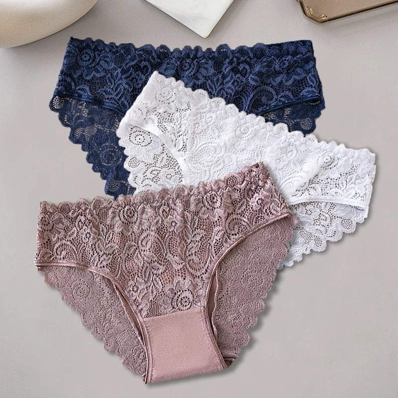 3PCS/Set Blue White Khaki Solid Color Cotton Panties Lace Floral Embroidery Briefs Solid Color Sexy Female Underwear Lingerie