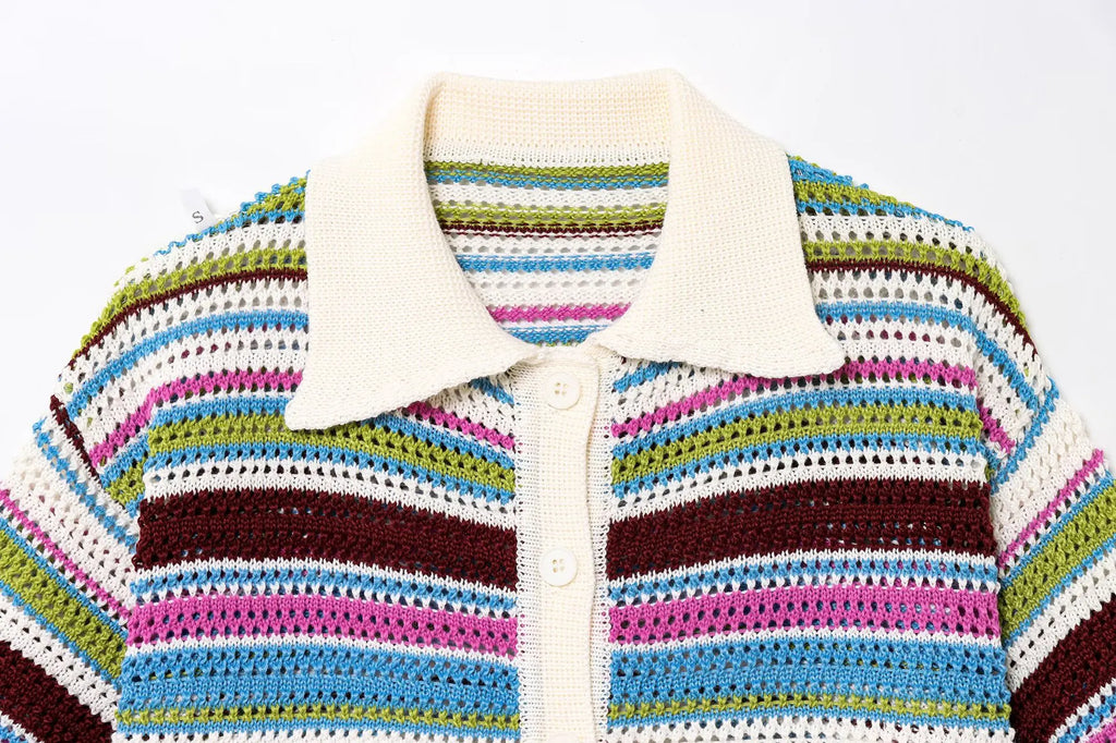 Women Patchwork Striped Hollow Out Crochet Knitted Crop Sweater Shorts Set Short Sleeve Polo Collar Sweater Knit Shorts Suit Y2K