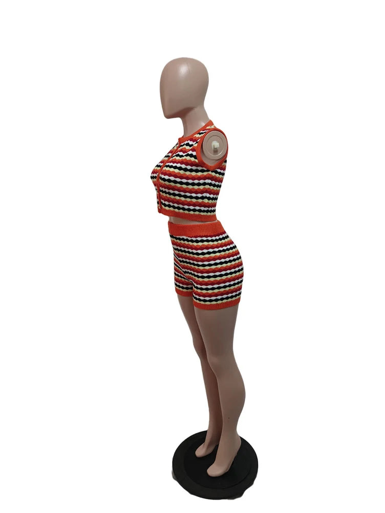 Sexy 2 Piece Shorts Set Women Outfit Knitted Striped Tank Top and Short Suits 2025 Summer Casual Vacation Sets Y2k Tracksuit