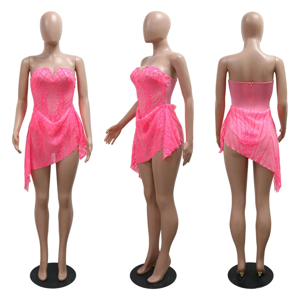 Sequin Ruffle Dress Lady Sexy Party Bodycon Evening Dresses 2024 Women Summer Clothes Elegant Luxury Birthday Club Mini Dresses
