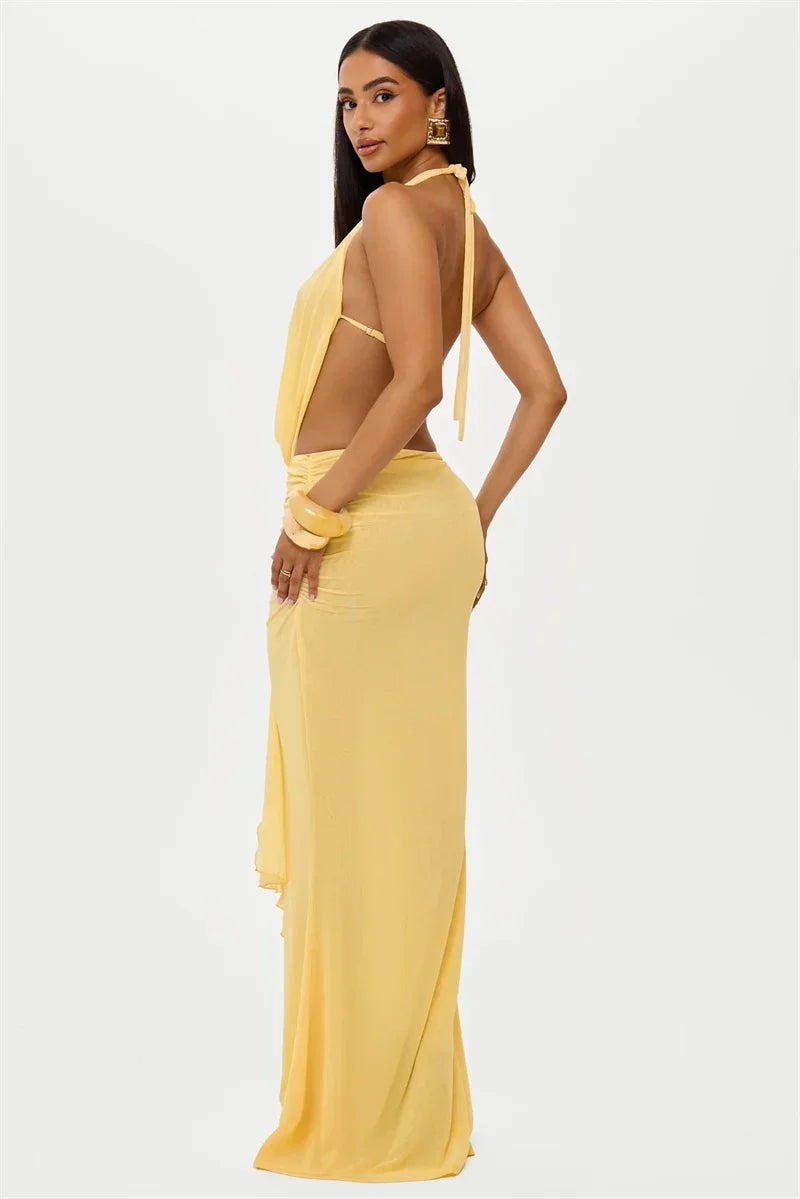 Sexy Dress Set Women Halter Crop Top And Maxi Skirt Matching Sets Female Elegant Beach Club Party Skirt Two Piece Set