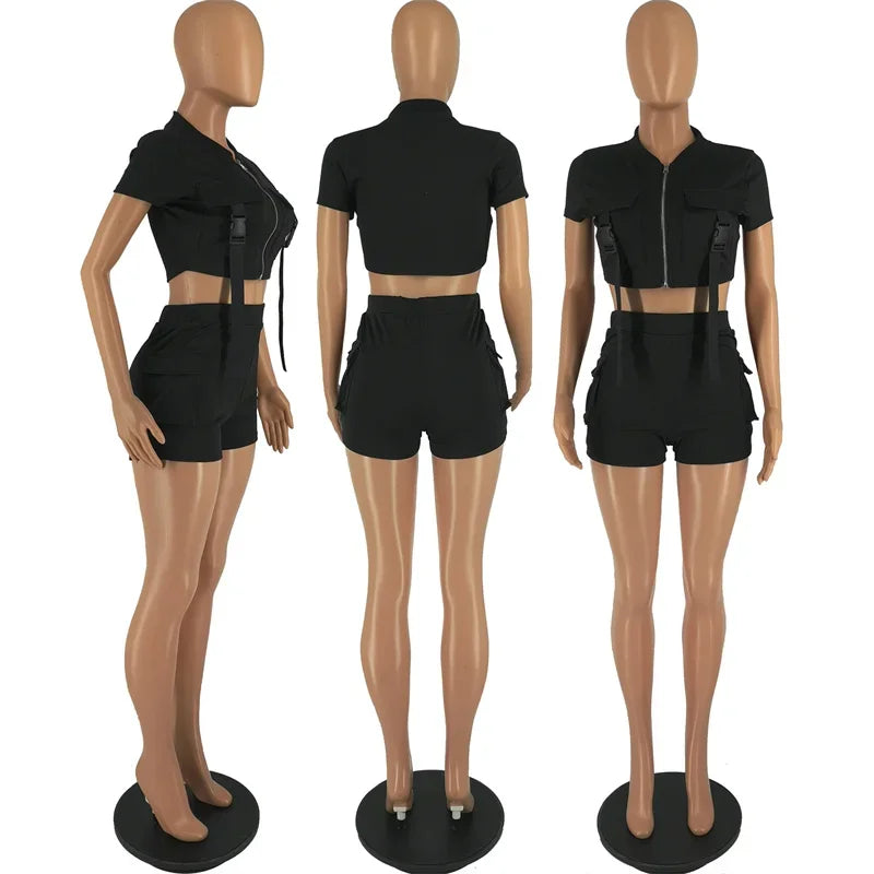 Sportwear Pockets Short Sets Womens 2 Piece Outfit Workout Fitness Zipper Crop Top and Shorts Casual Tracksuit Conjuntos Curtos