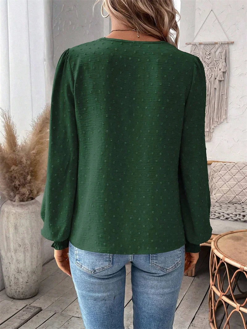 Elegant Hollow Out Lace Decoration Shirt Women Deep V Neck Pullover Blouse Female Solid Color Jacquard Lantern Long Sleeve Tops