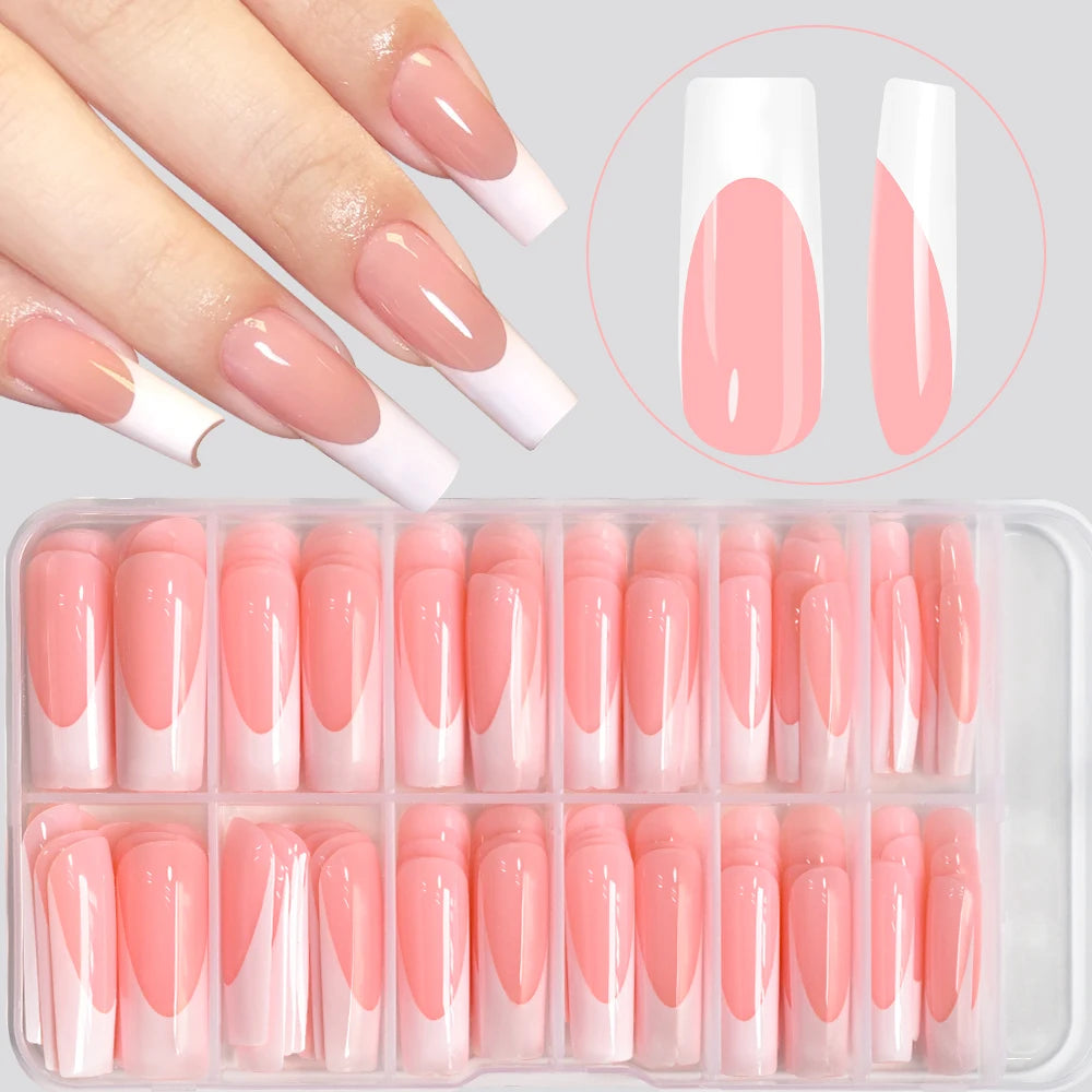 120Pcs Glossy Pink French Press On Nails 12-Sizes Long Square Fake Nails White Edge Design Full Cover False French Nails Tips t