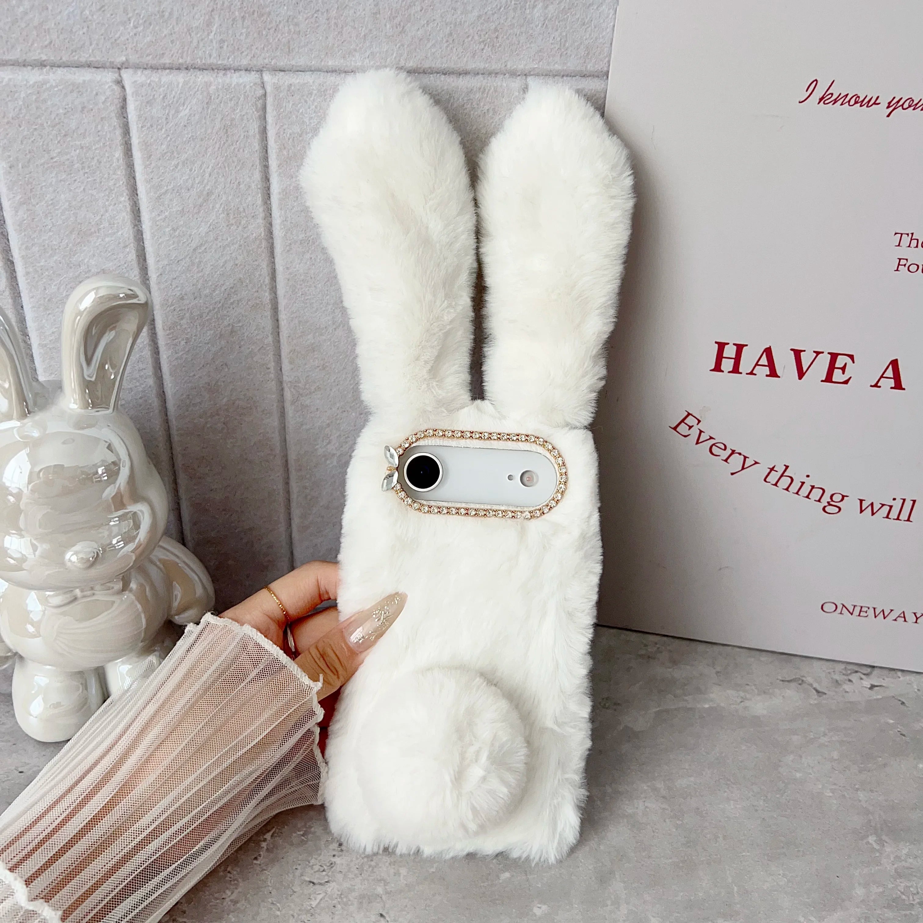 3D Cute Rabbit Ears Fur Plush Phone Case For iPhone 17 Pro Max 16 15 14 13 12 11Pro max Plus mini 17Air Furry Bunny Warm Cover