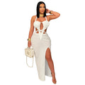 Hemp Rope Halter Neck Stacked Ruched High Slit Knit Bodycon Knotted Maxi Dress for Women Summer 2025 Birthday Sexy Party Dresses