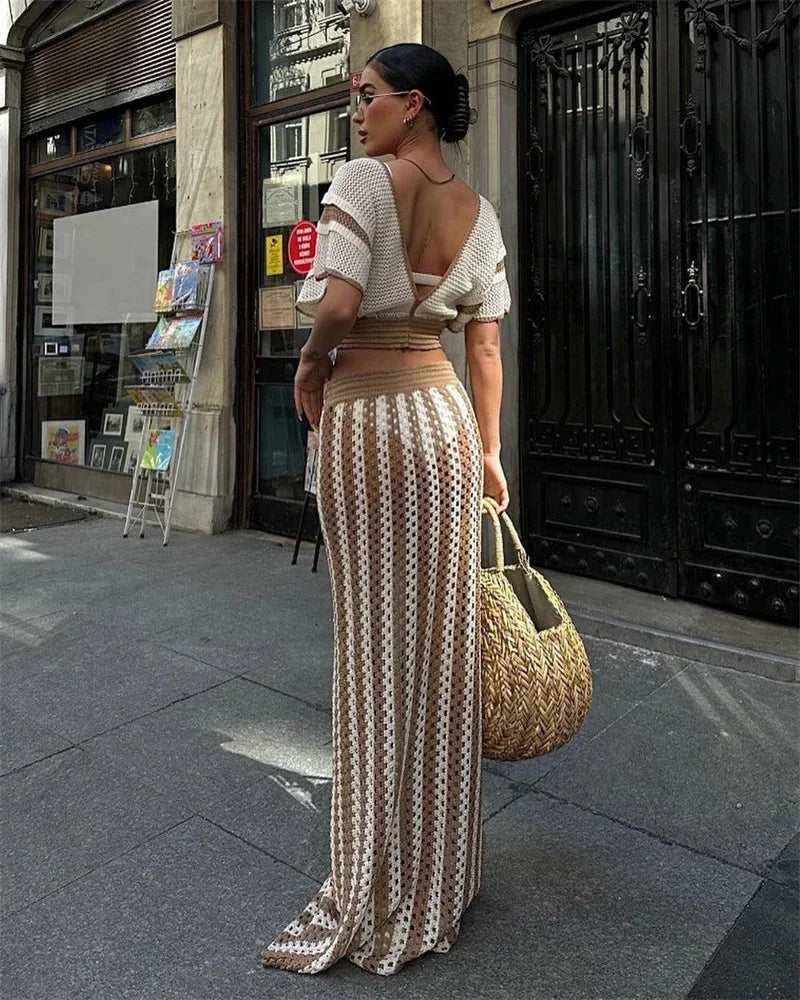 Striped Knitted Two Piece Set Women Outfit Y2K Clothes Clubwear Party Hollow Out V-neck Crop Top and Long Skirt Maxi Dress Sets