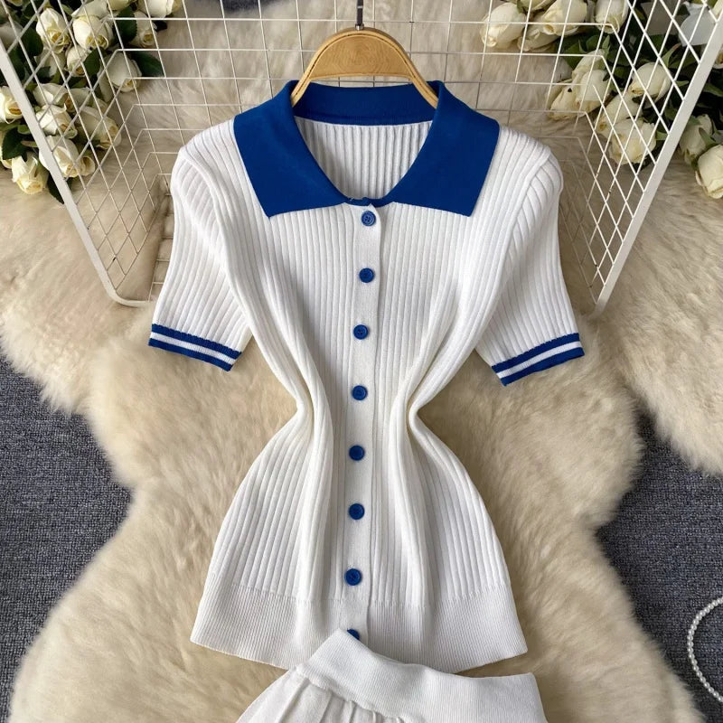 Fashion Knitting 2 Piece Sets Women Outfits Summer Clothing Women 2026 Polo-Neck Top Mini Skirt Suit Casual Knitted Dress Sets