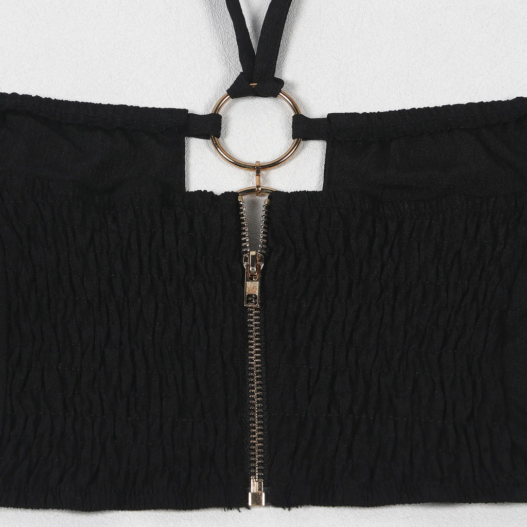 Metal Ring Hollow Out Two Piece Set Women Sexy Strapless Lace Up Halter Backless Crop Tops + Wide Leg Pants Casual Street Suits