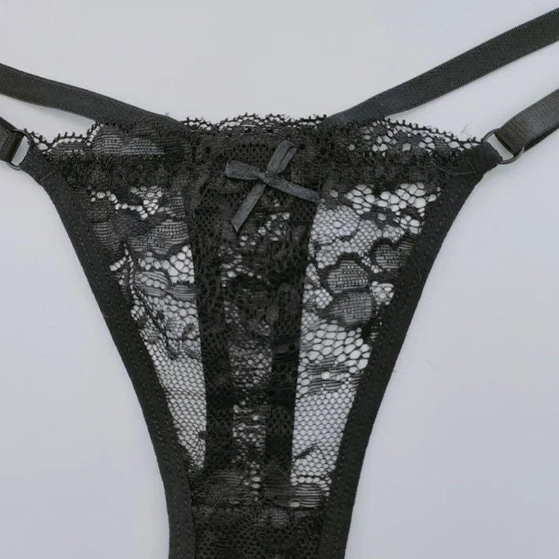 Solid Floral Lace Sexy Panties Ladies Low Waist Bow T-back Thong Adjustable Thin Belt Underwear Hollow See-through Lingerie 3PCS