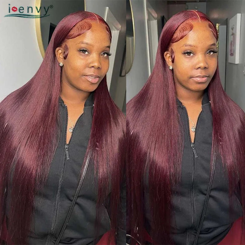 99J Red Colored Lace Front Human Hair Wigs Silky Straight 13X4 13X6 Burgundy Hd Transparent Pre Plucked Lace Frontal Wigs 180%