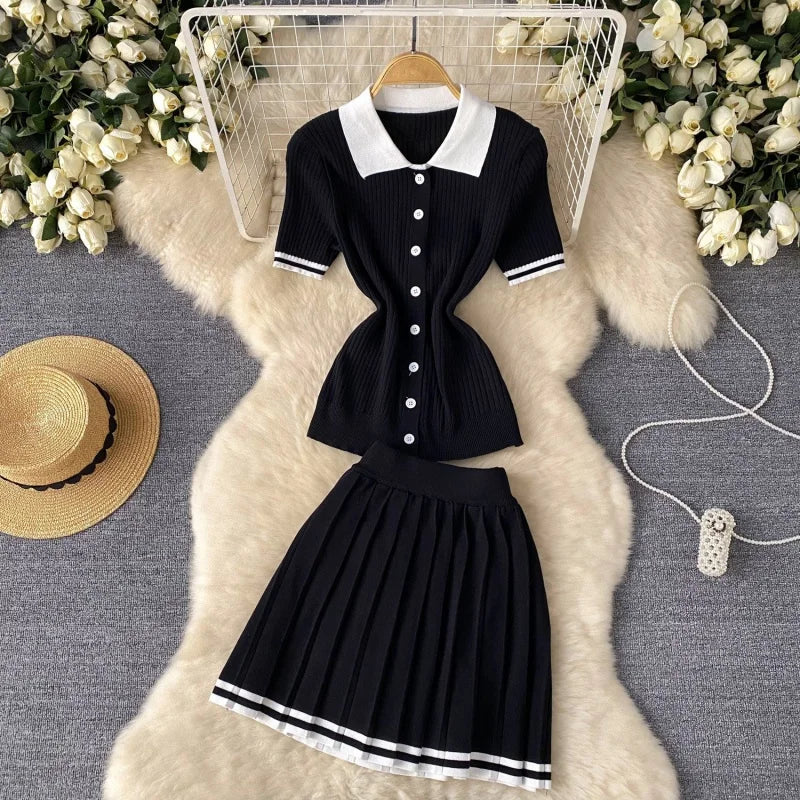 Fashion Knitting 2 Piece Sets Women Outfits Summer Clothing Women 2026 Polo-Neck Top Mini Skirt Suit Casual Knitted Dress Sets