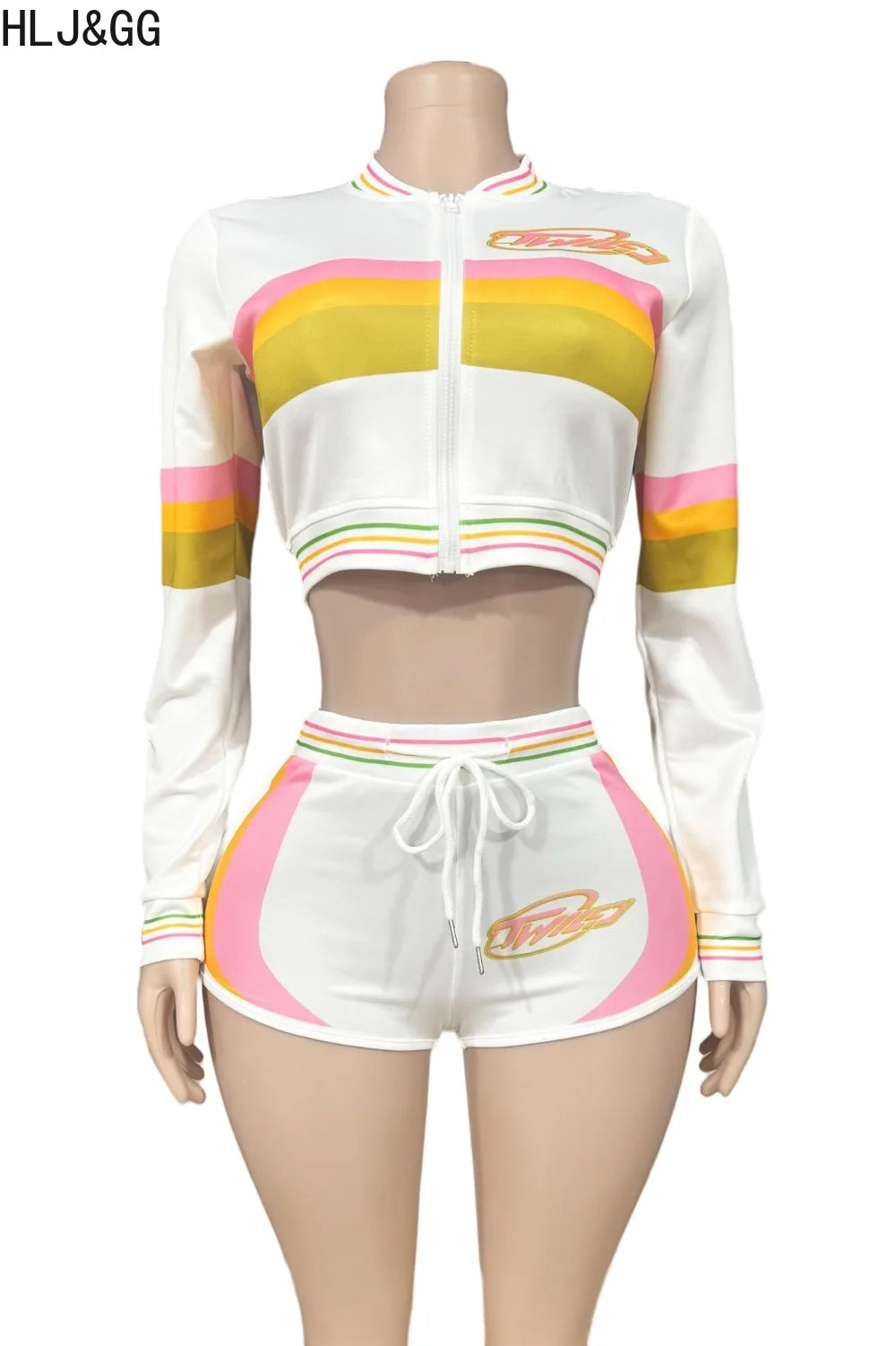 HLJ&GG Fashion Trend Y2K Striped Patchwork Two Piece Sets Women Zip Long Sleeve Crop Top + Shorts Outfits Female 2pcs Streetwear