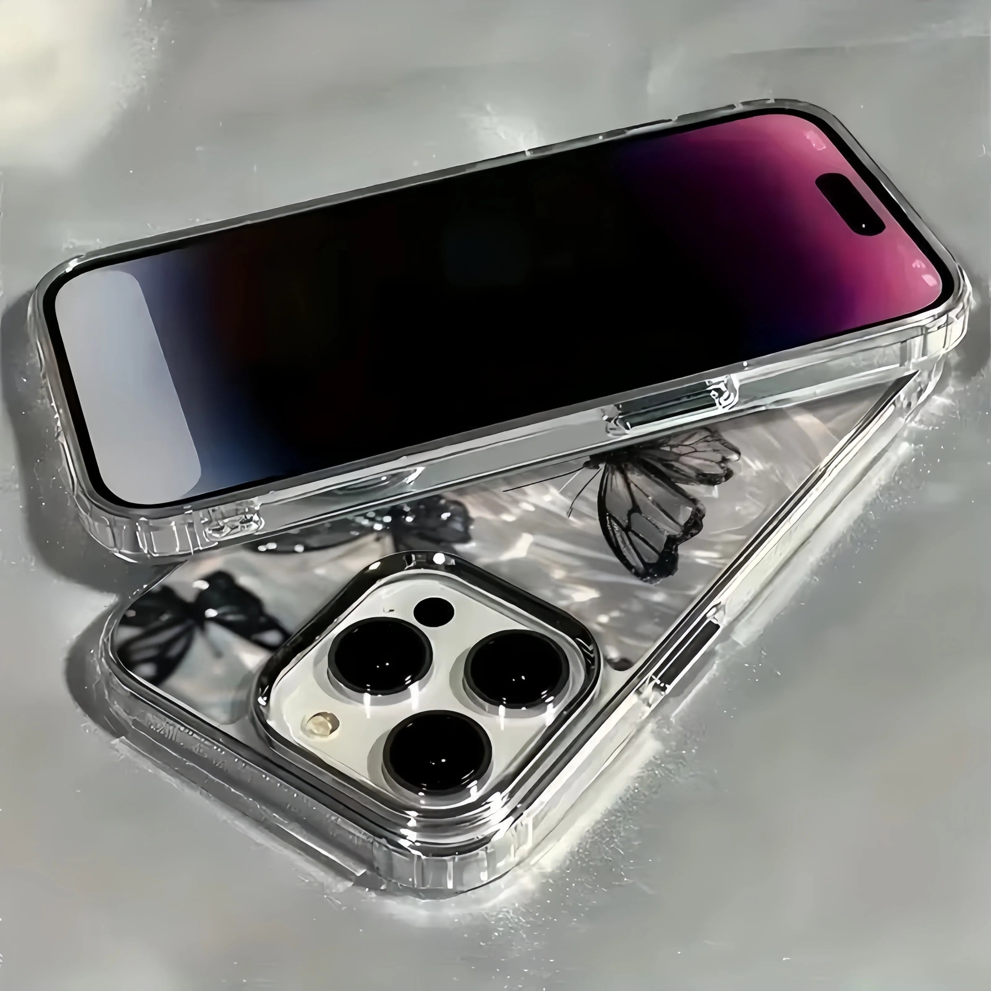 Elegant Black Butterfly Metal Frame Transparent Phone Case For iPhone 17 16 15 14 13 12 11 Pro Max Plus Air 16E Soft Clear Cover