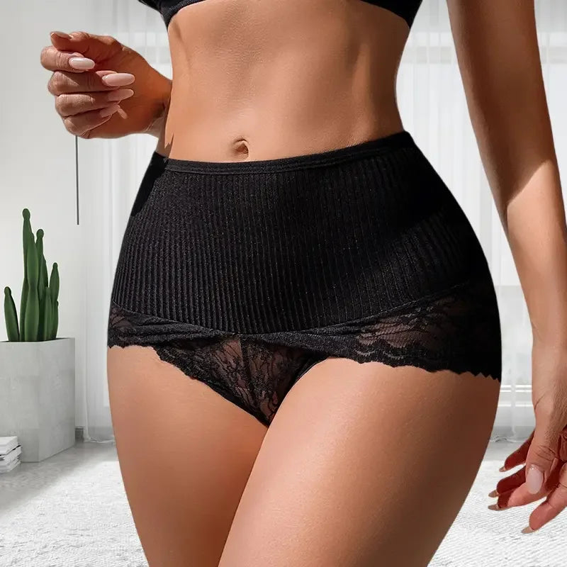 1pcs High Waist Lift Buttocks Sexy Women Panties Embroidery Floral Ribbed Lady Briefs Breathable Comfort Female Underpants
