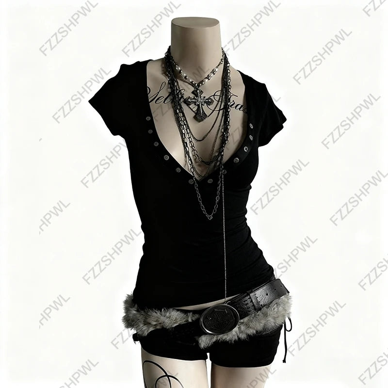 Y2k Crop top Subculture Button Harajuku Solid color Punk Short Sleeve T-shirt Subculture Hip Hop Baby Tee Gothic Streetwear Top