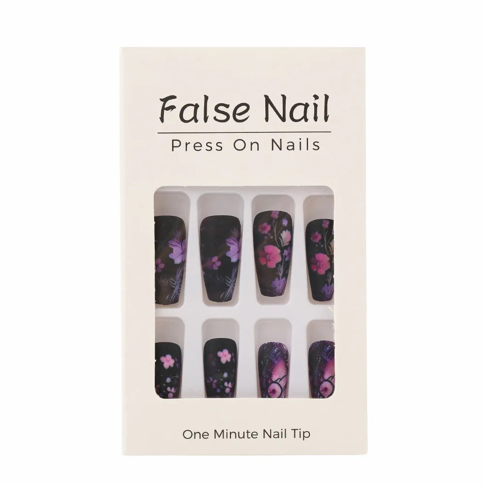 24PCS Dark Luxury Purple Floral Press on Nails with Square European Hand Painted Vintage Cherry Blossoms Artistic False Nails 네일