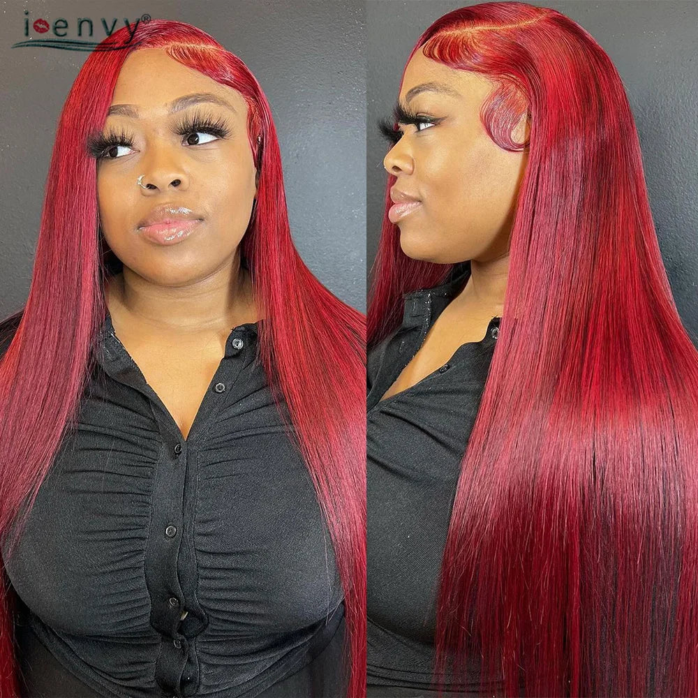 99J Red Colored Lace Front Human Hair Wigs Silky Straight 13X4 13X6 Burgundy Hd Transparent Pre Plucked Lace Frontal Wigs 180%